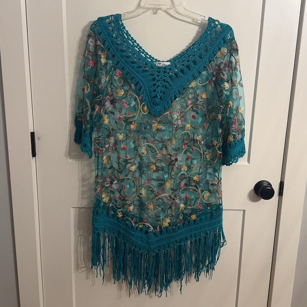 ASHA Cover Up One Size Blue Sheer Floral Embroidered Crochet Fringe Boho Beach